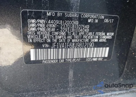 2018 Subaru Wrx Limited из США, поврежденный, VIN JF1VA1F63J9812190